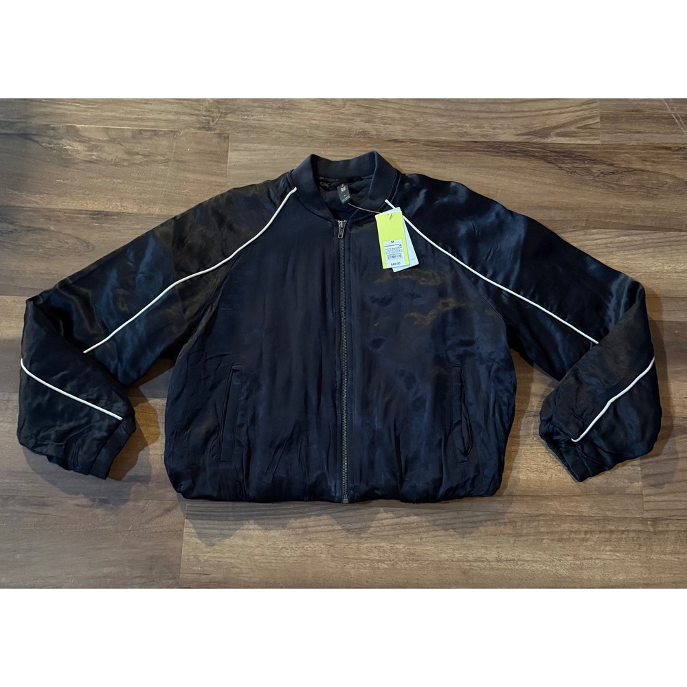 All in Motion Black Satin Bomber Jacket Full Zip White Piping Medium NWT